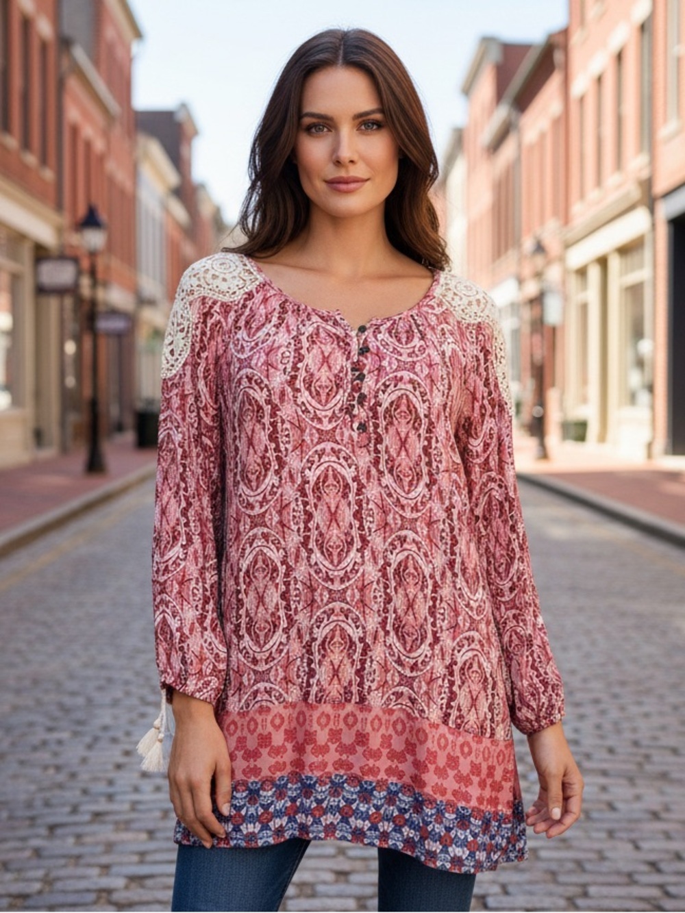 Women's Bohemian Print Top With Tassels On Wrists